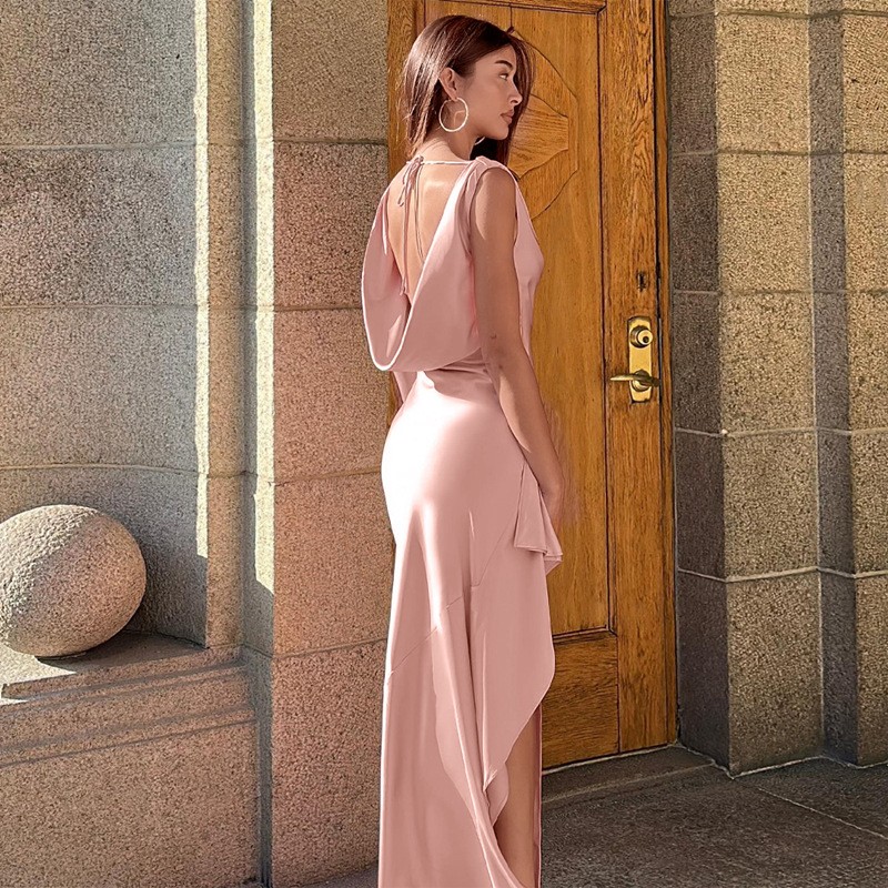 Solid Collar Pleated Slim Fitting Sleeveless Long Dress