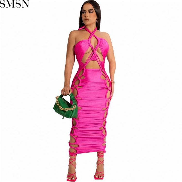 Fashion dress for women 2022 European and American neck hanging hollow tight suspender sexy nightclub dress