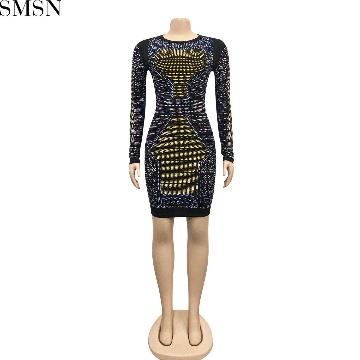 Fashion women dress new sexy nightclub milk fiber rhinestone colorful crystals long sleeve dress
