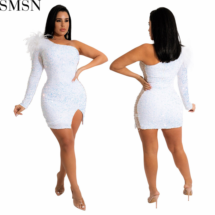 Casual Dress Fashion sexy single shoulder sequins split hip show figure dress