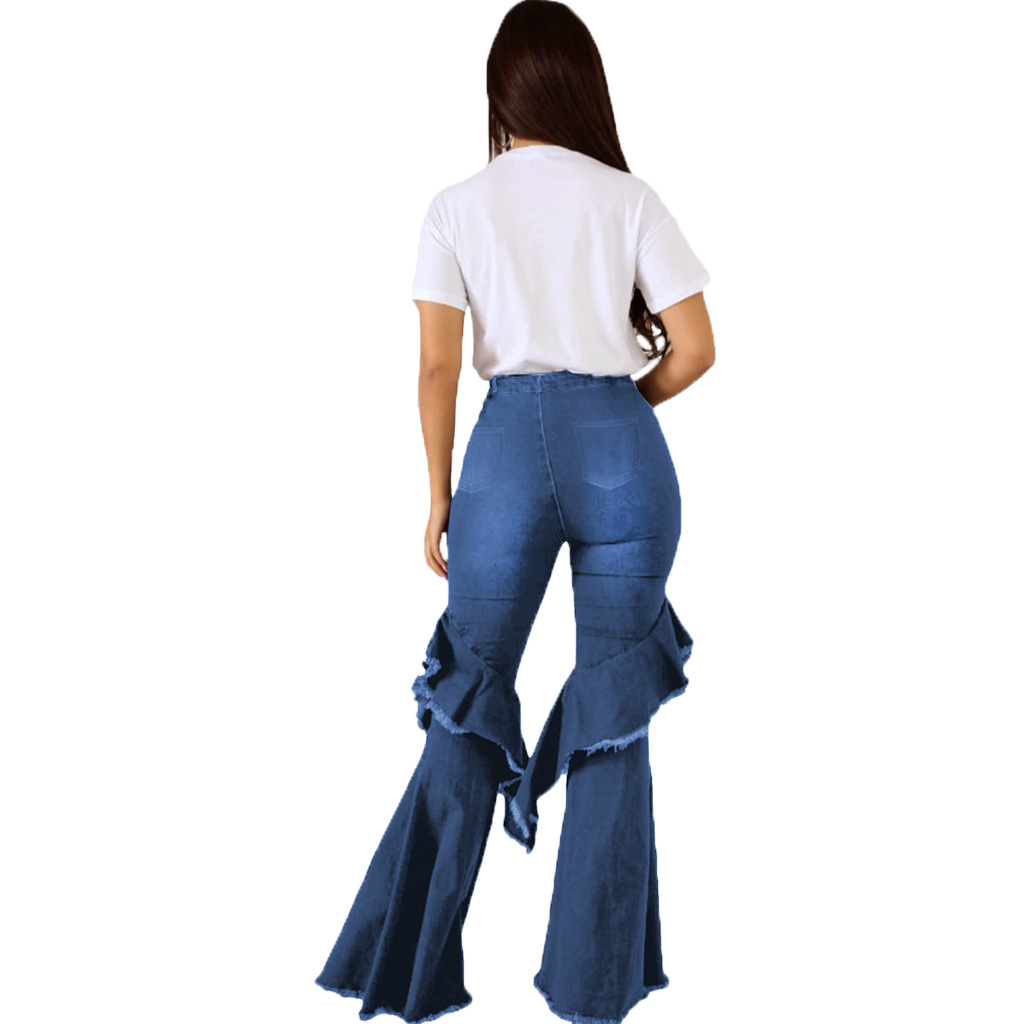 Fashion denim flared pants with hole stitching