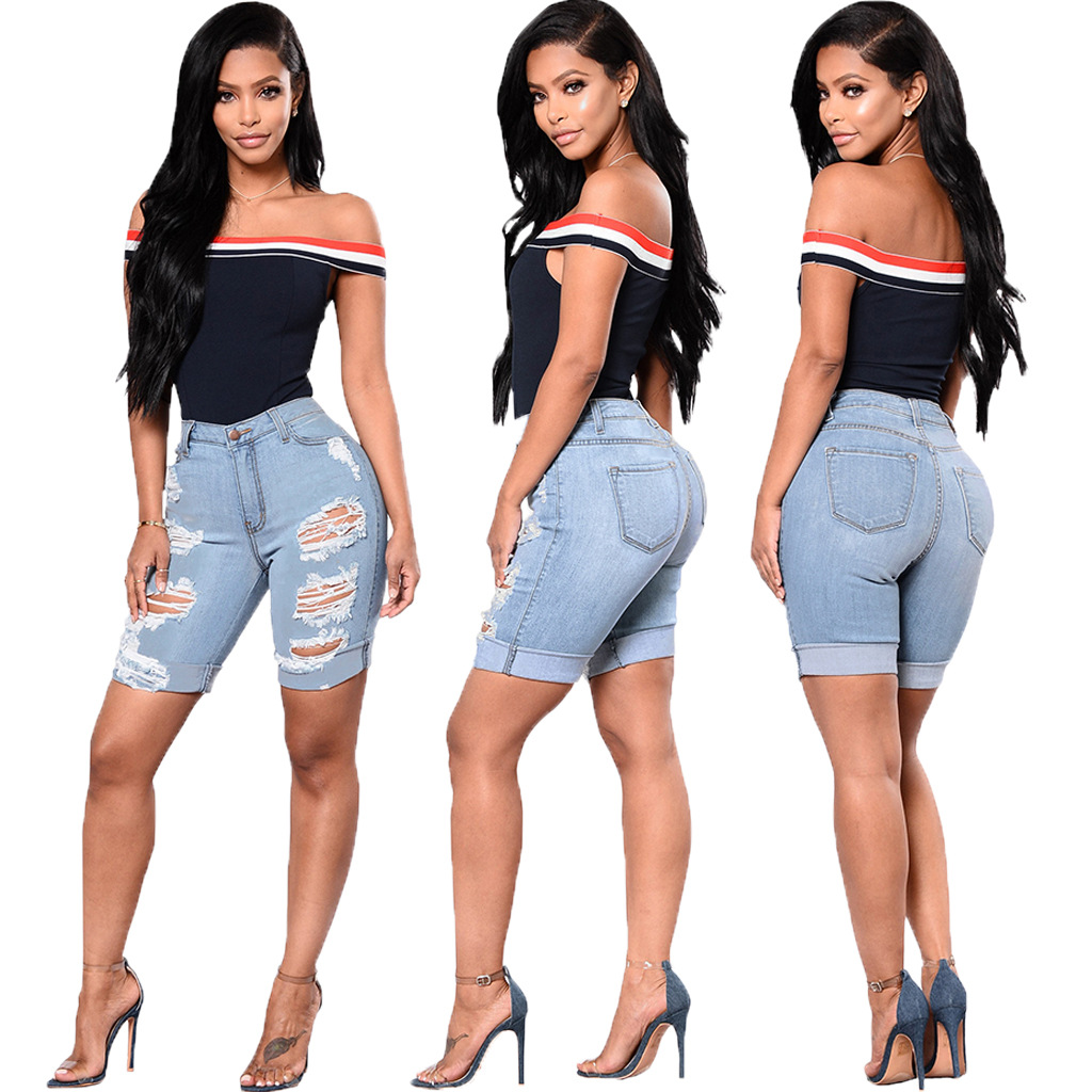 Fashionable water wash hole high waist jeans