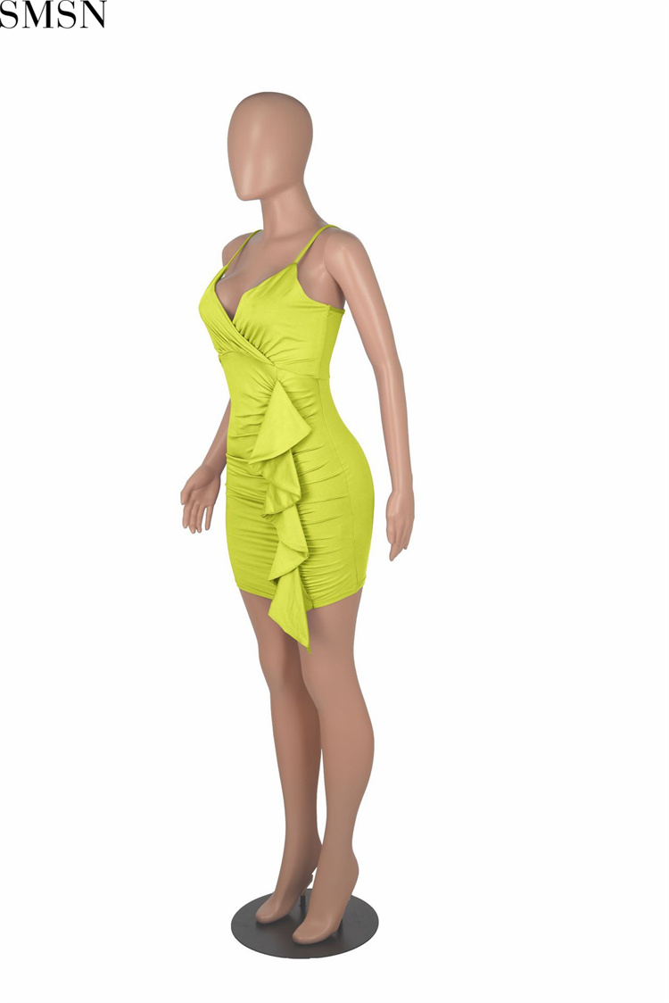 Fashion women dress sexy ruffled V neck topless sling bag hip nightclub dress