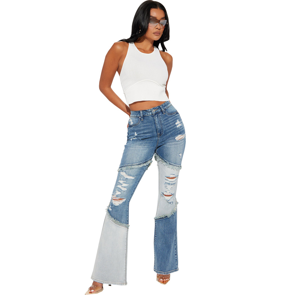 Sexy fashion versatile tassel hole stretch slim Bell-bottoms