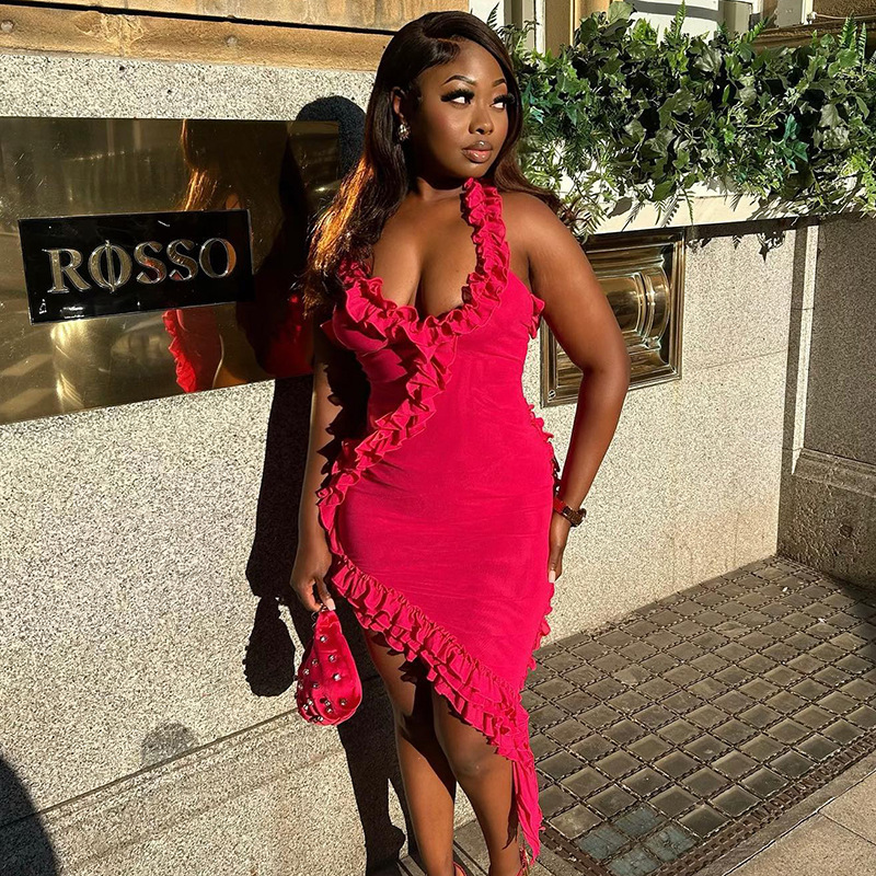 V-Neck Suspender Dress Women'S Fashion Sexy Backless Stitching Lotus Leaf Skirt