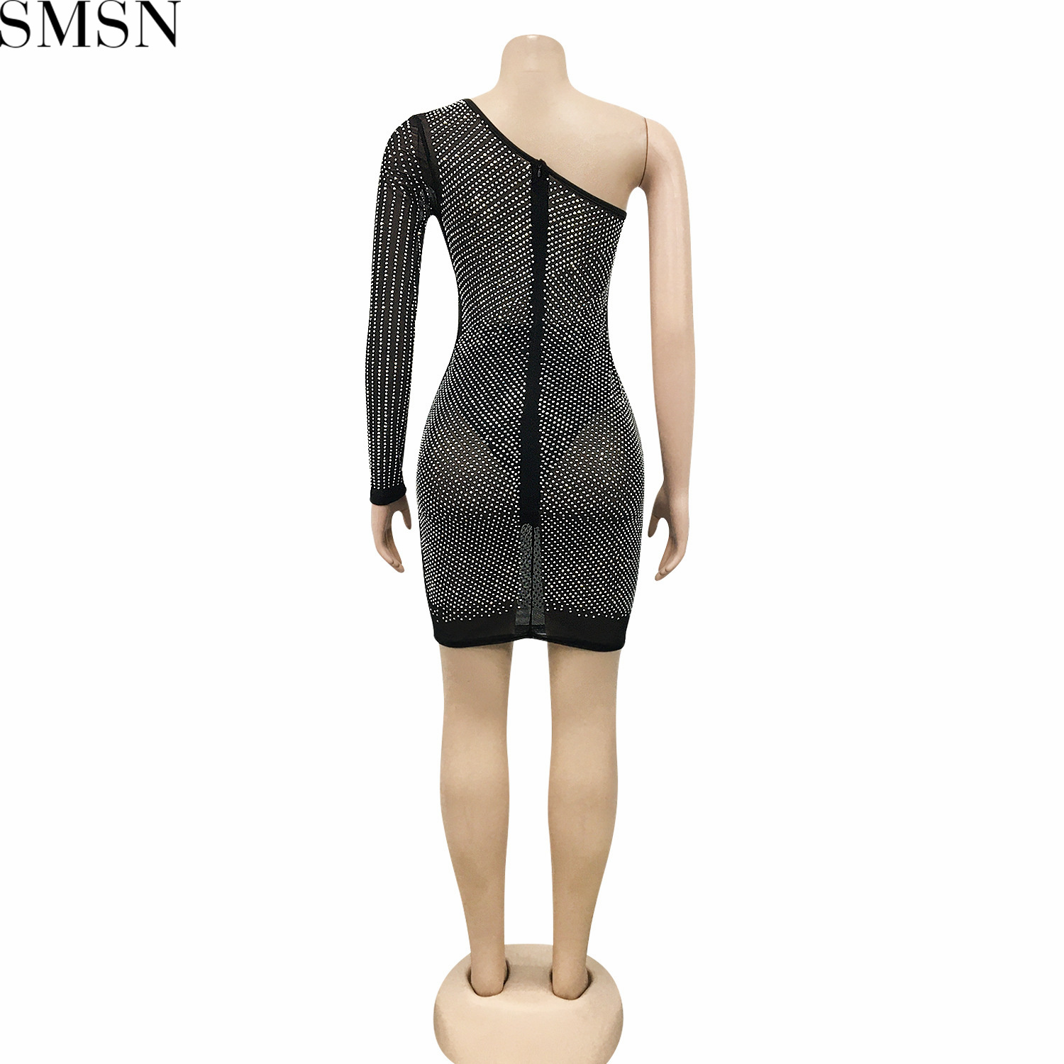 Casual Dress sexy solid color women's hot drilling mesh see-through one shoulder skirt dress