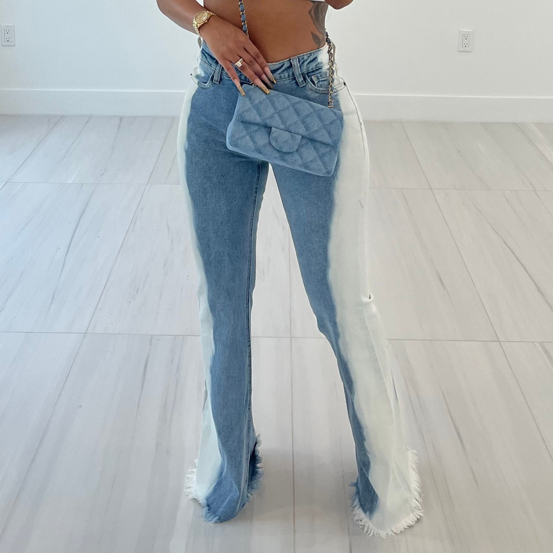 Stretch gradient color blocking micro flare buttocks sexy jeans