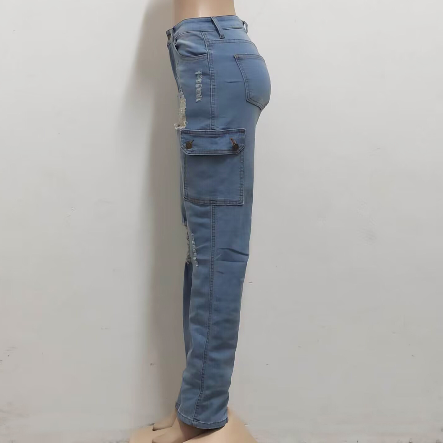 Fashion Pocket High Waist Elastic Slim Fit Straight Leg Pants