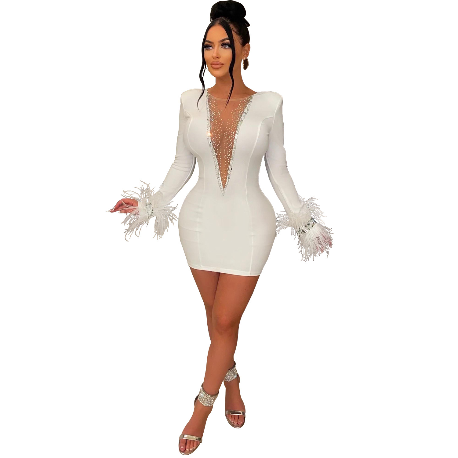 Plus Size Dress solid color and V neck mesh see through long sleeve dress for women