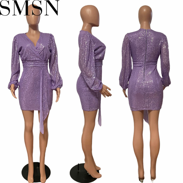 Plus Size Dress cross border sequin dress sequined V neck long sleeve nightclub sexy dress