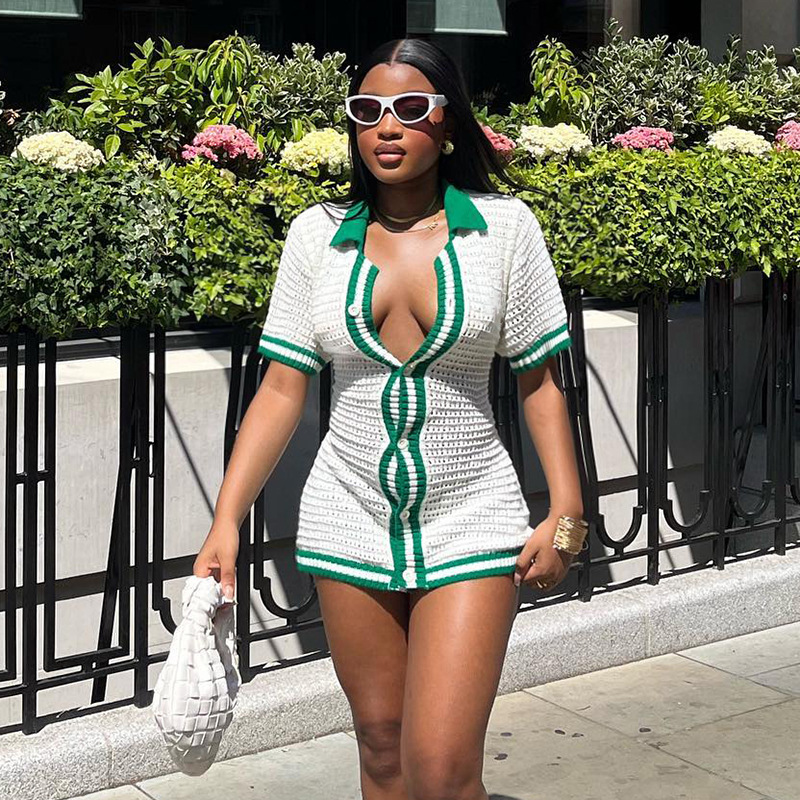 Polo Collar Contrasting Color Single-Breasted Short-Sleeved Shirt Dress Sexy Hollow Woolen Skirt