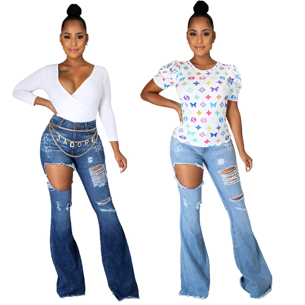 Sexy fashion trend hole elastic flared pants