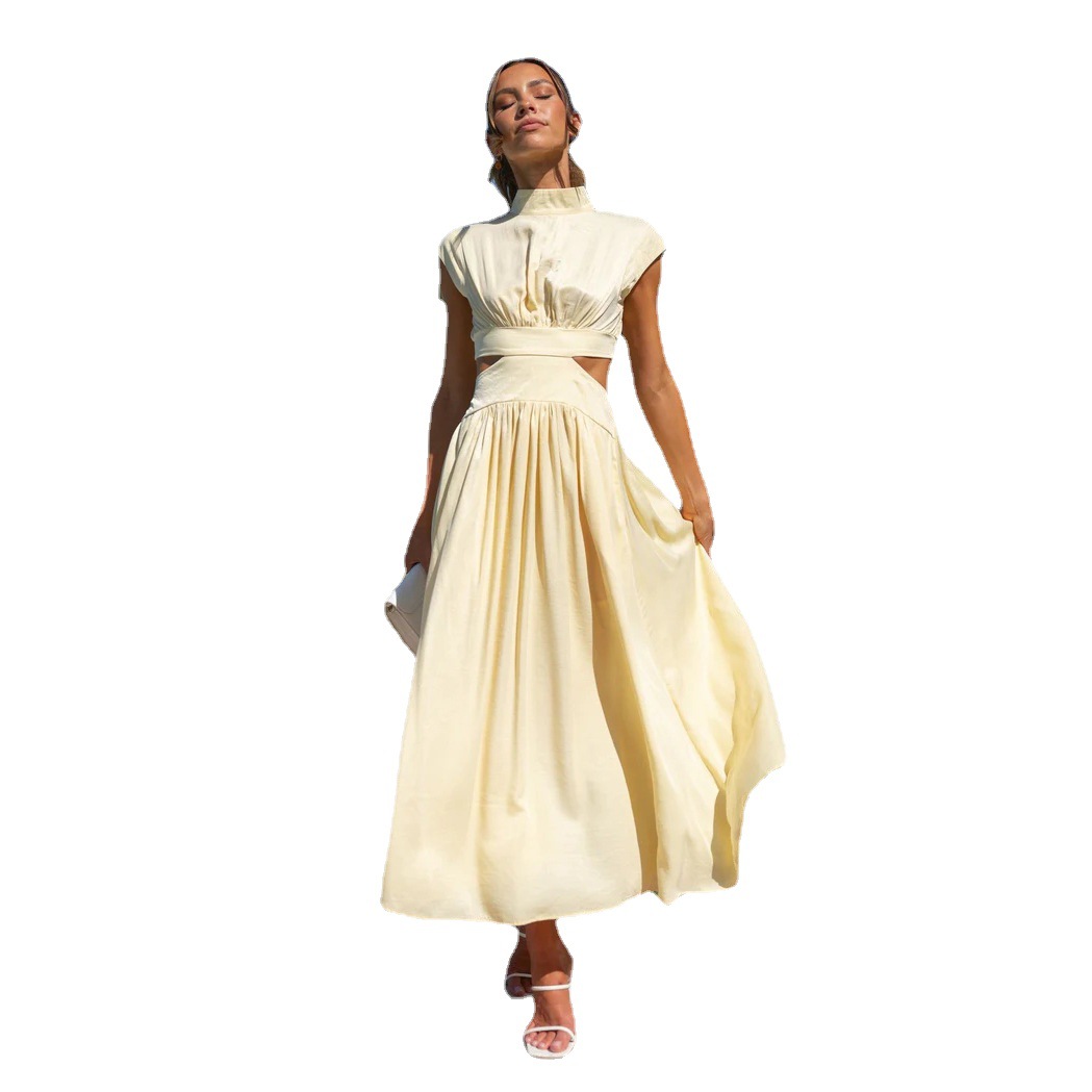 Fashionable Street Stand Collar Solid Color Open Waist Long Dress