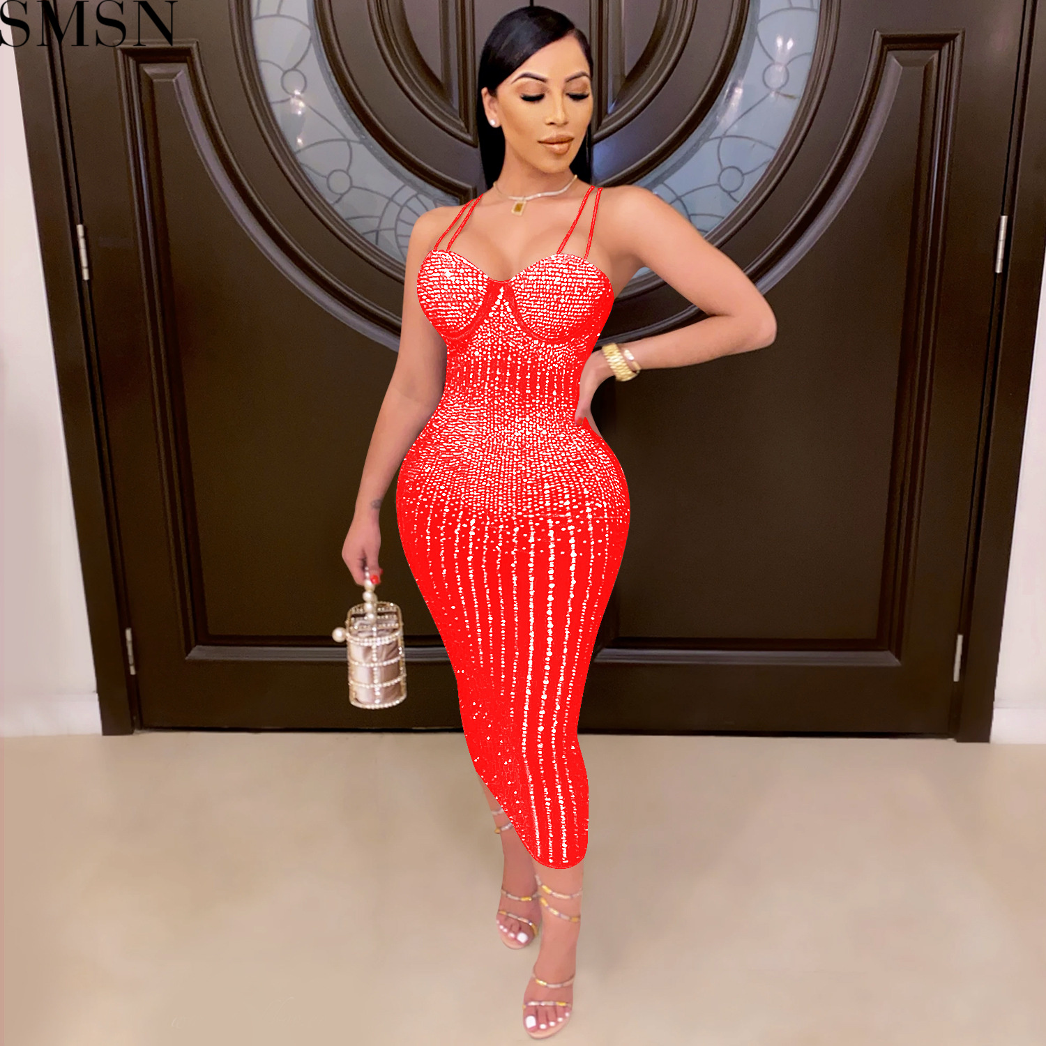 Fashion women's wear Party nightclub mesh see-through rhinestone Diamond strap dress plus size casual dress