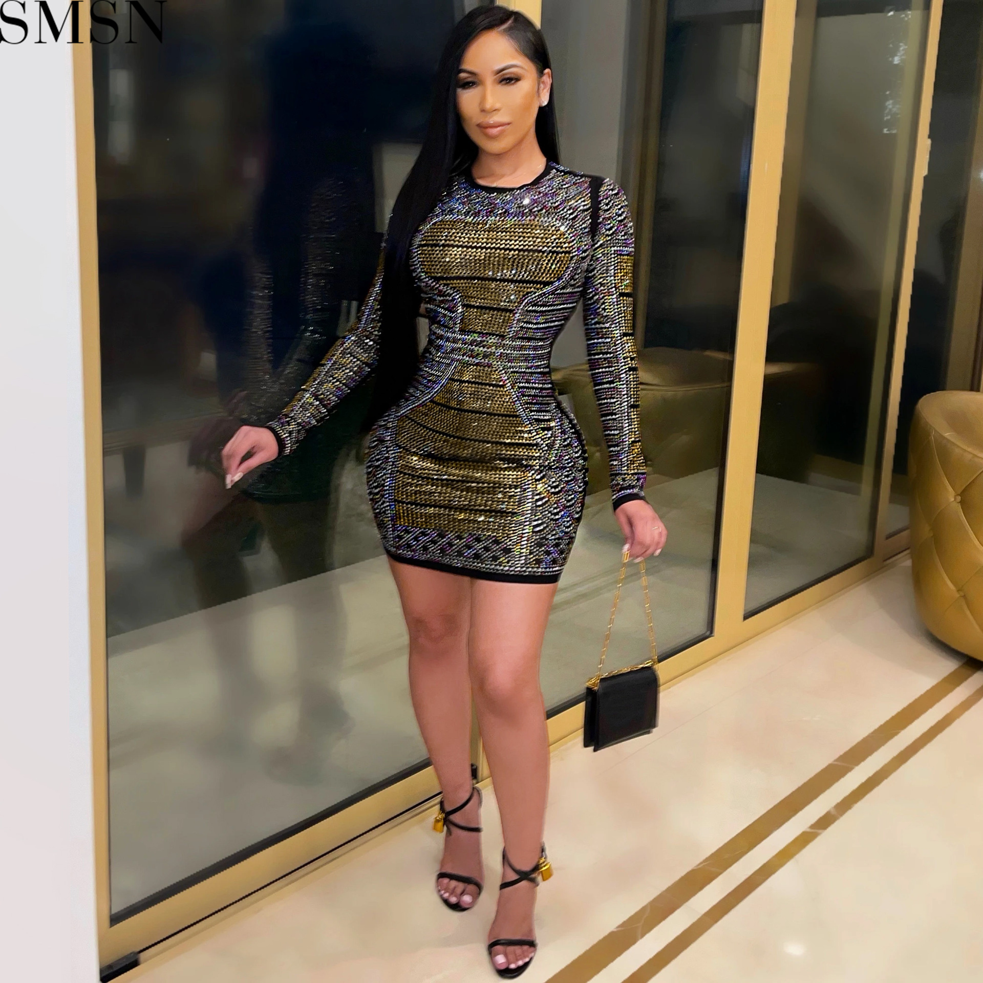 Fashion women dress new sexy nightclub milk fiber rhinestone colorful crystals long sleeve dress