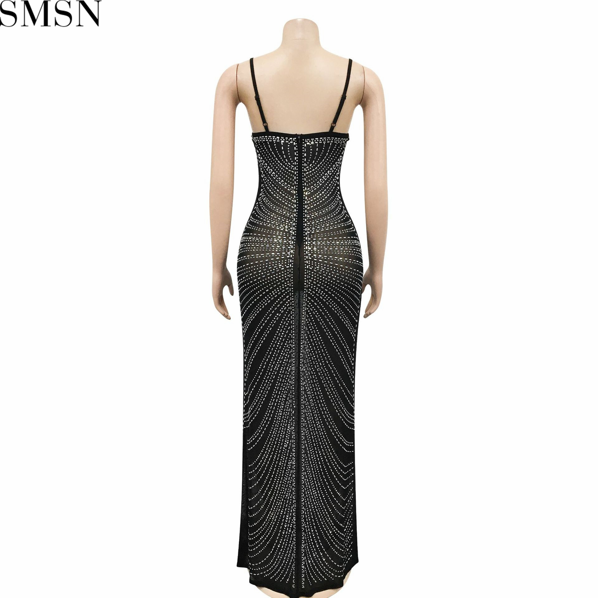 Plus Size Dress new hot rhinestone sexy spaghetti straps chest wrap mesh see-through maxi dress