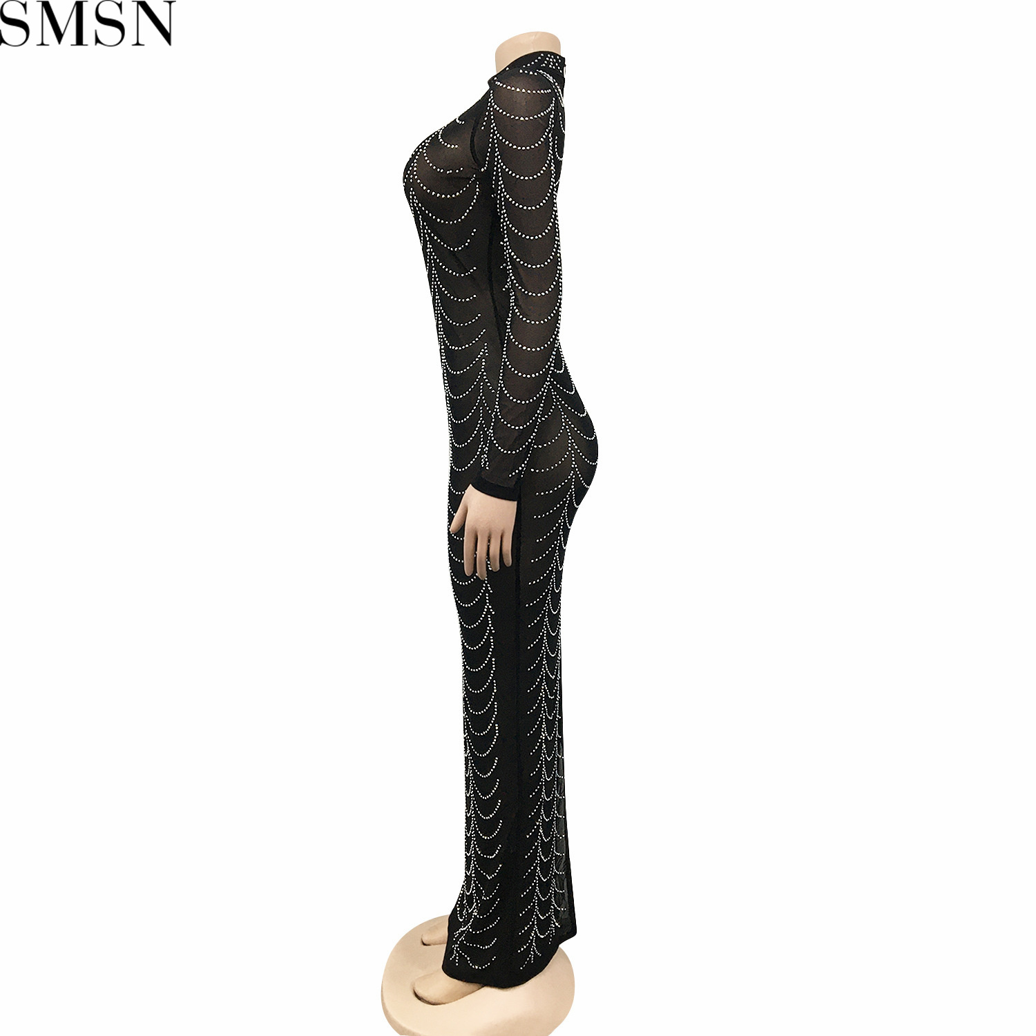 Plus Size Dress fashion new sexy nightclub hot rhinestone mesh see-through long sleeve dress