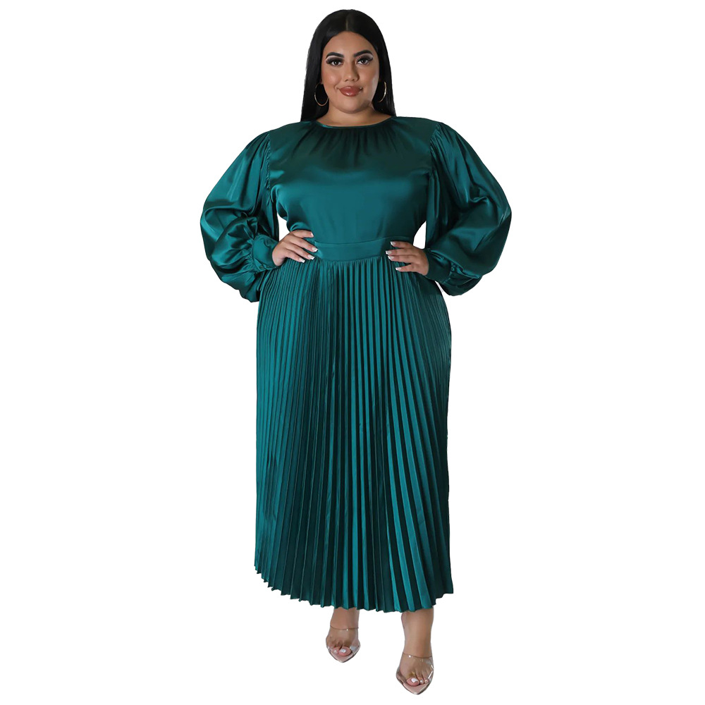 Plus Size Dress Amazon autumn and winter popular pleated round neck long dress long sleeve