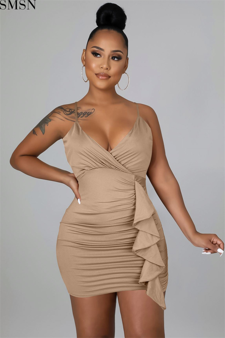 Fashion women dress sexy ruffled V neck topless sling bag hip nightclub dress