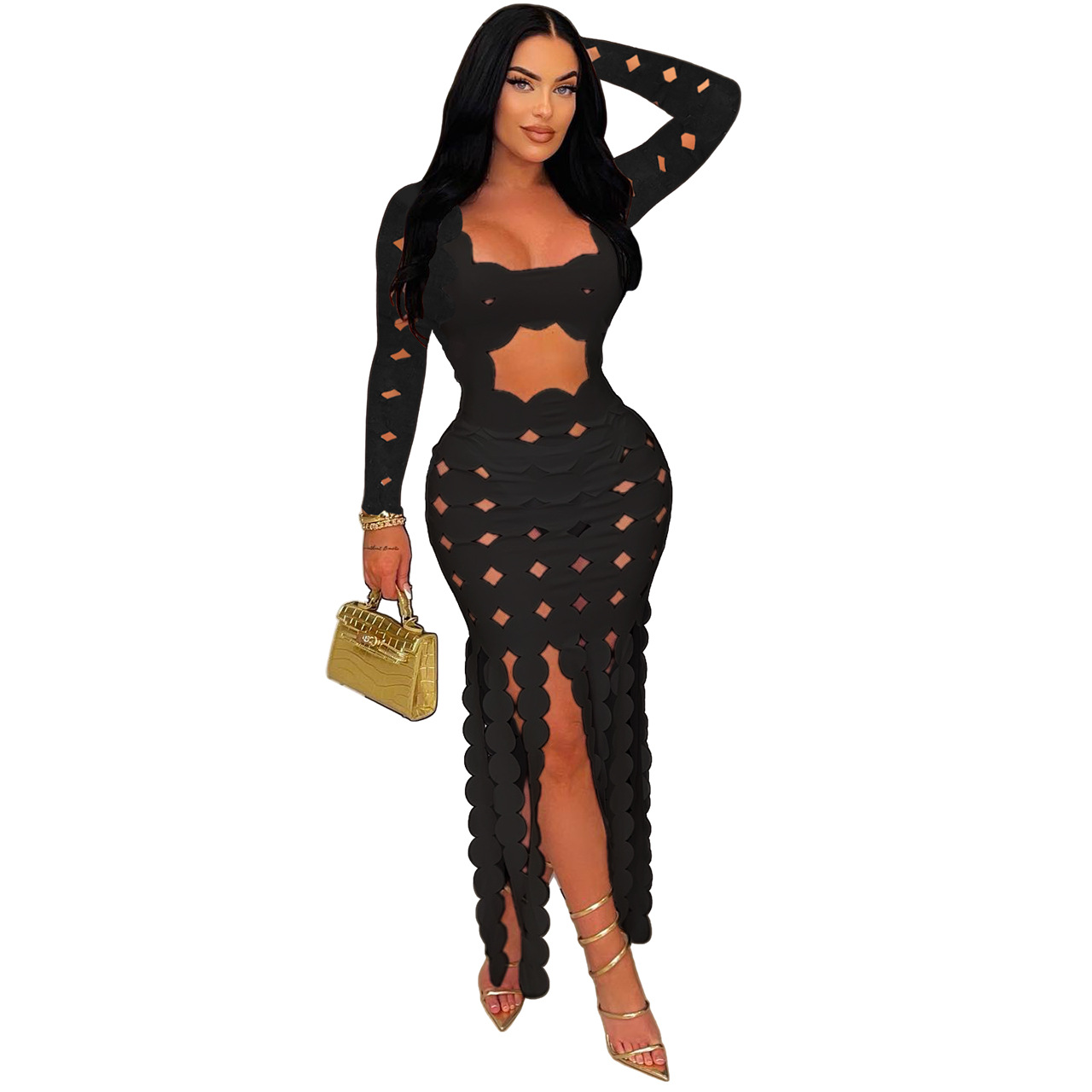 Square Neck Long Sleeved Hollow Out Sexy Nightclub Dress