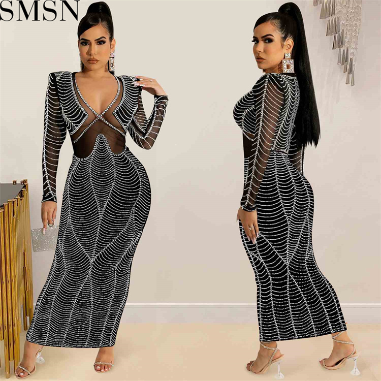 Casual Dress sexy nightclub hot rhinestone mesh see through V neck long sleeve dress for women