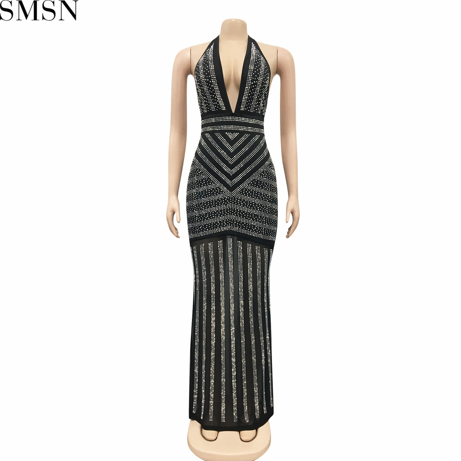 Fashion women dress deep V-neck and backless nightclub party formal dress rhinestone see-through dress plus size casual dress