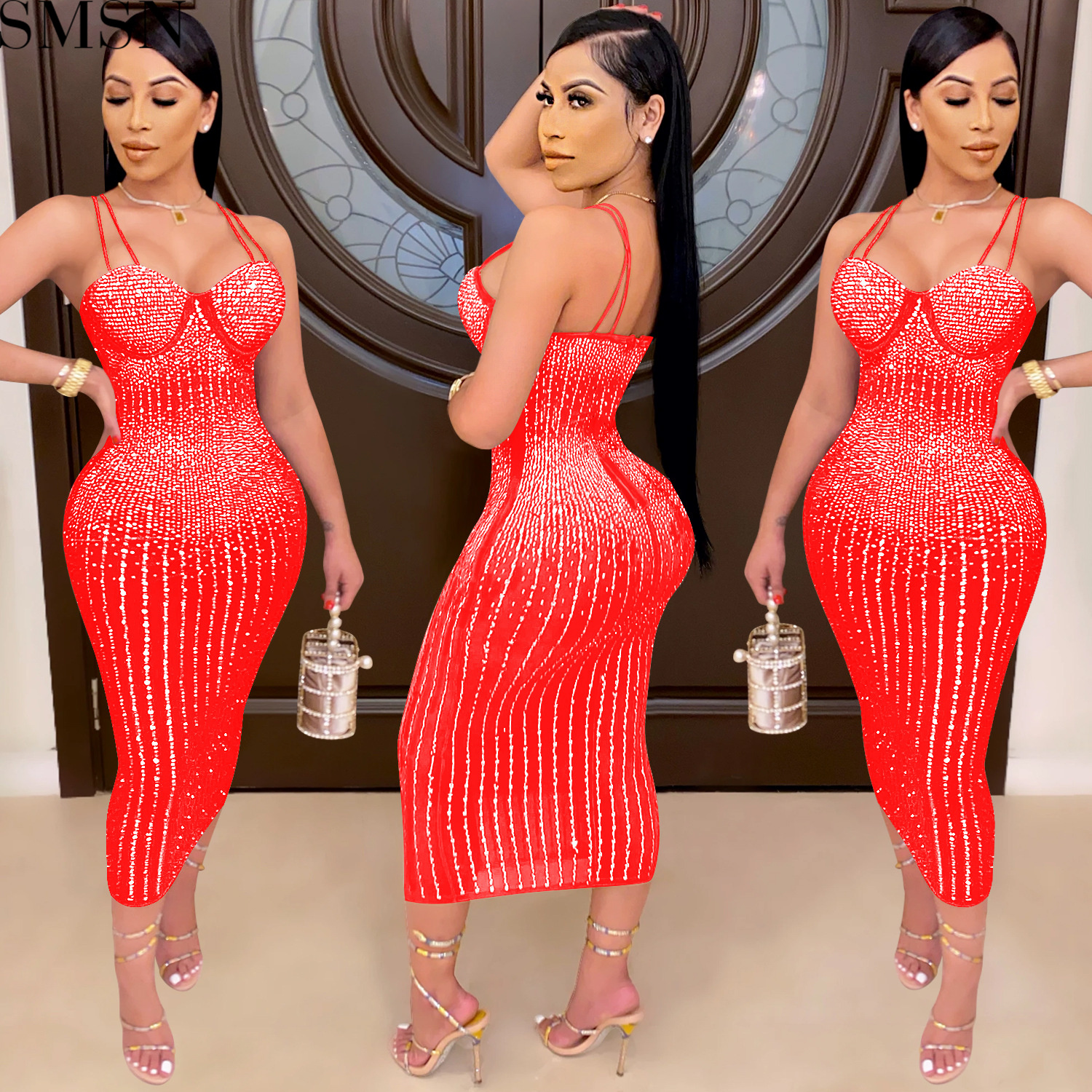 Fashion women's wear Party nightclub mesh see-through rhinestone Diamond strap dress plus size casual dress