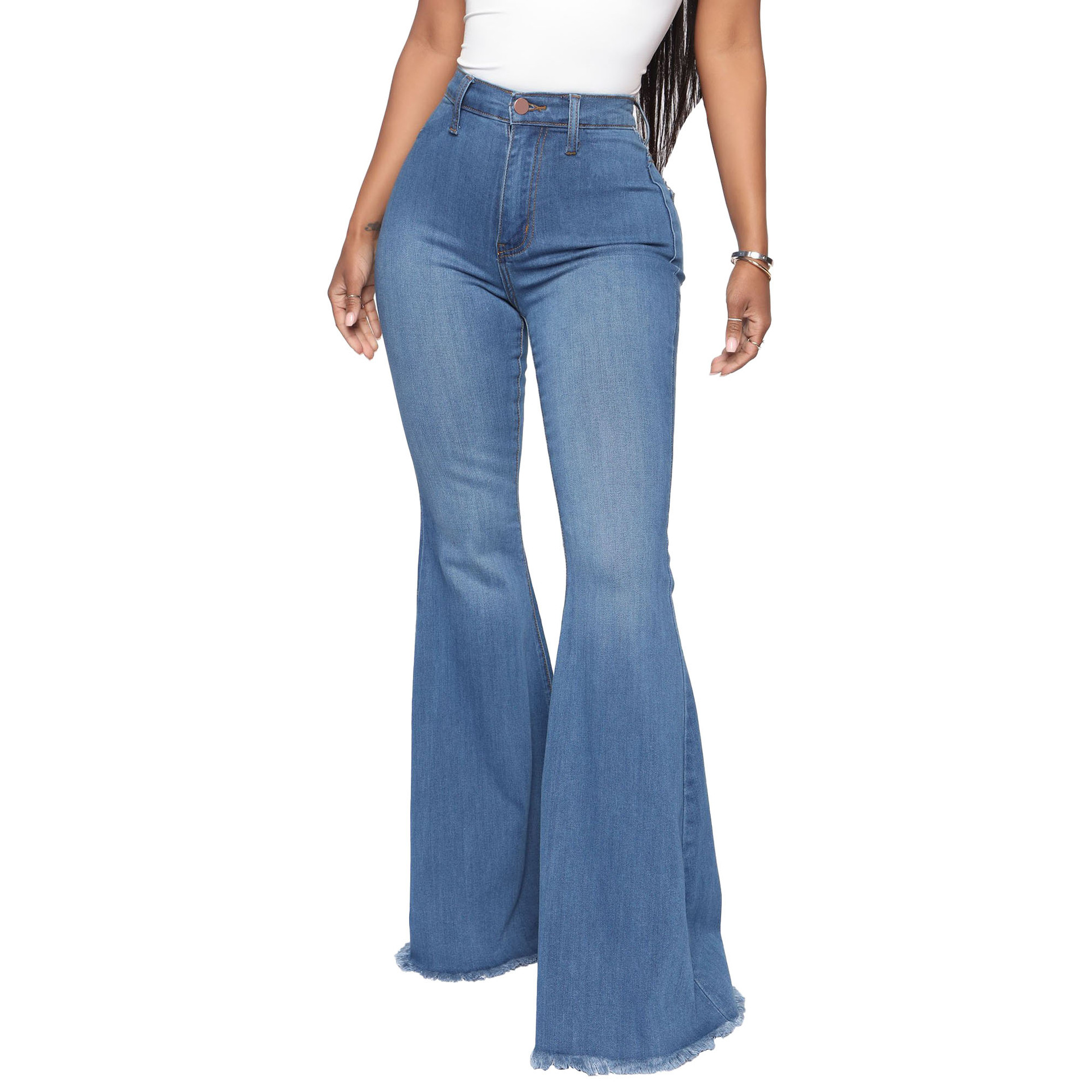 Fashion high waist elastic denim flared pants