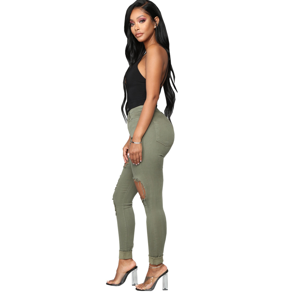 Fashion high waist denim hole tights