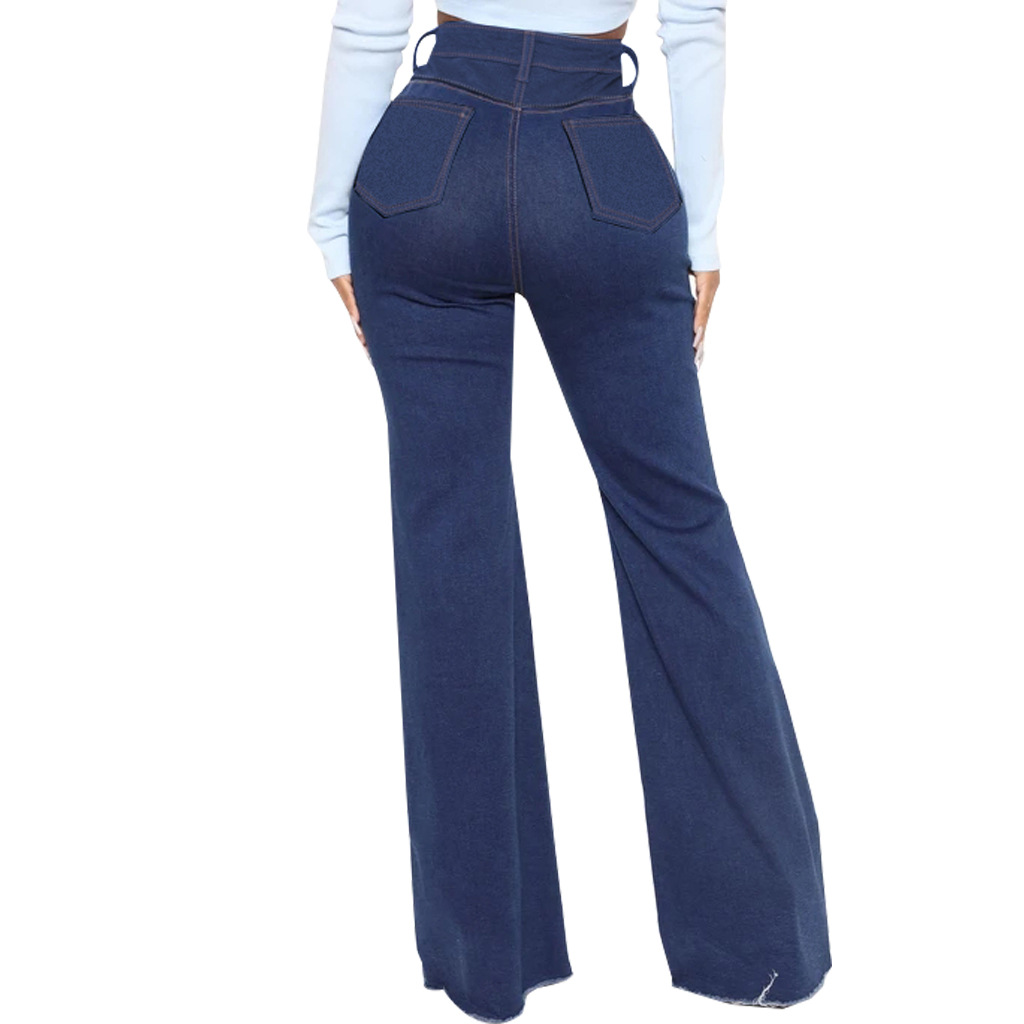 Patchwork denim elastic slim flare pants