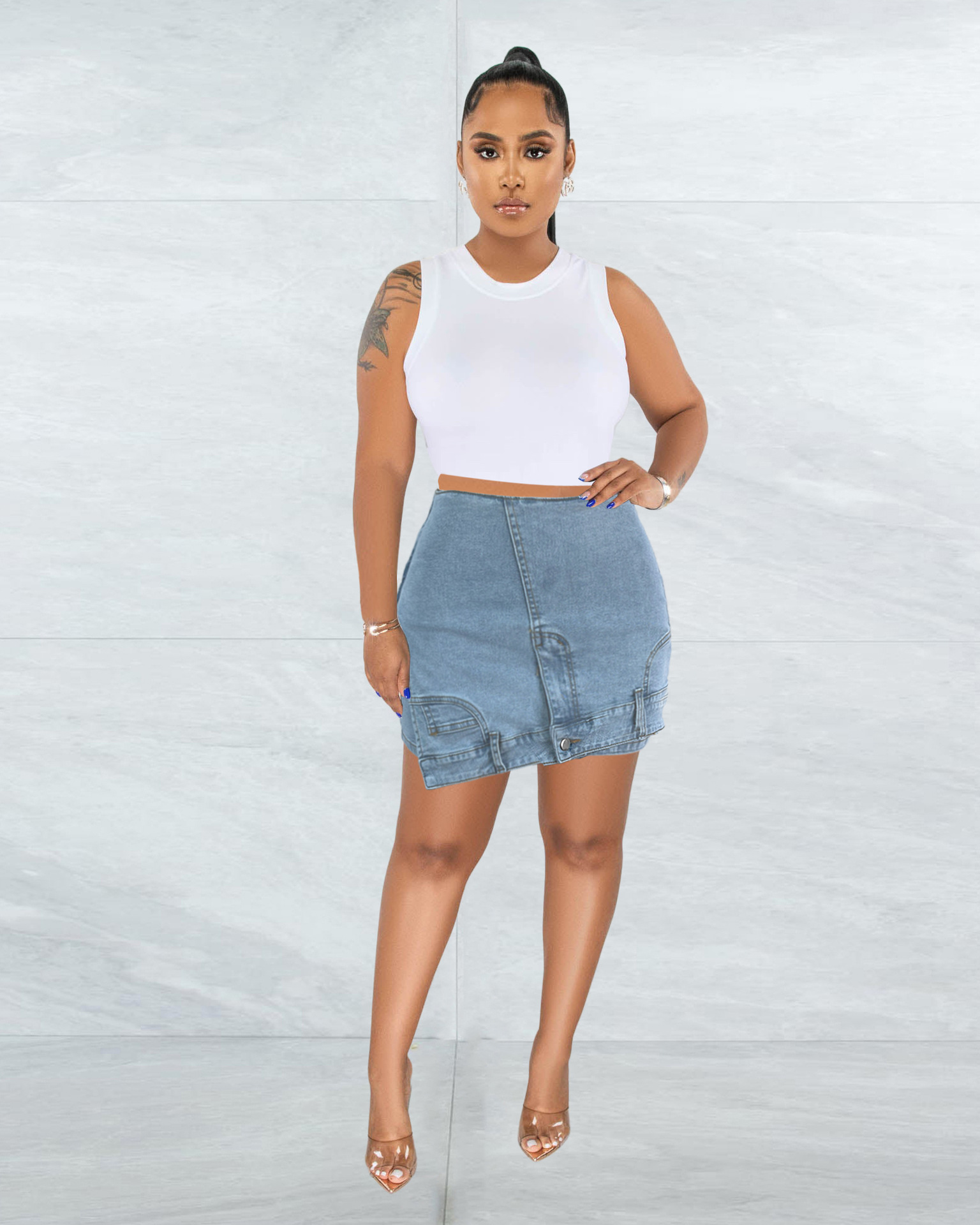 Women's Washed Street Irregular High Waist Elastic Denim Skirt