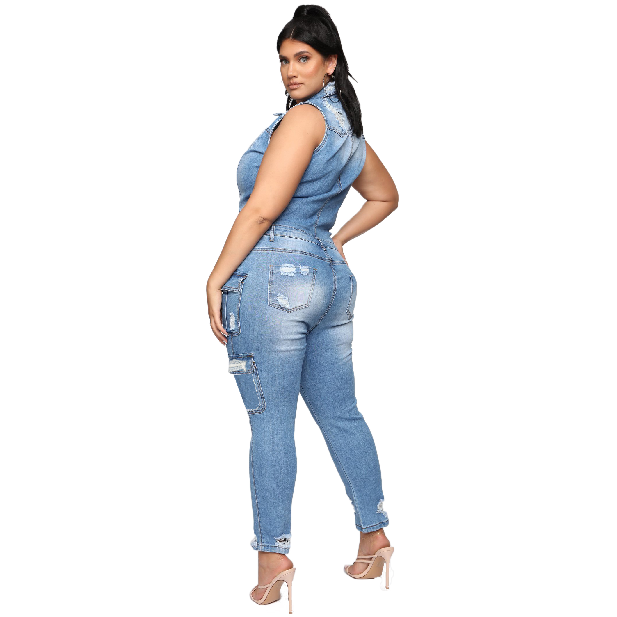 Casual slim hole denim Jumpsuit