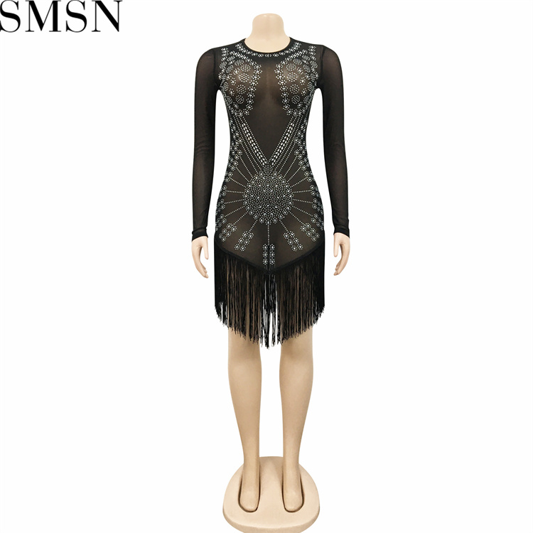Casual Dress fashion nightclub hot drilling mesh see through silk long sleeve short dress