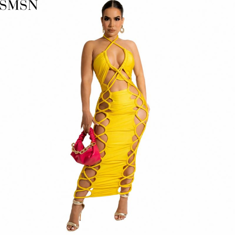 Fashion dress for women 2022 European and American neck hanging hollow tight suspender sexy nightclub dress