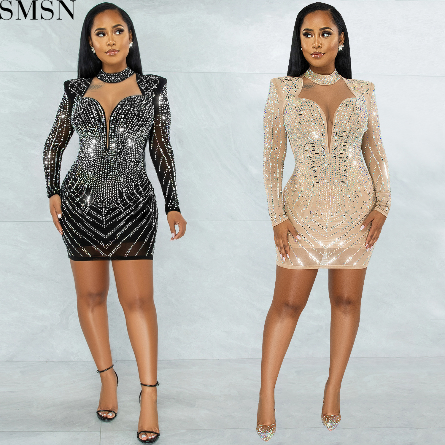 Plus Size Dress deep V nightclub party formal dress hot rhinestone mesh see-through women's clothing