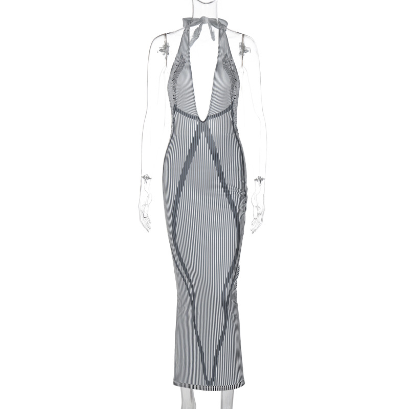 Sexy V-Neck Lace Up Slim Fitting Printed Open Back Dress