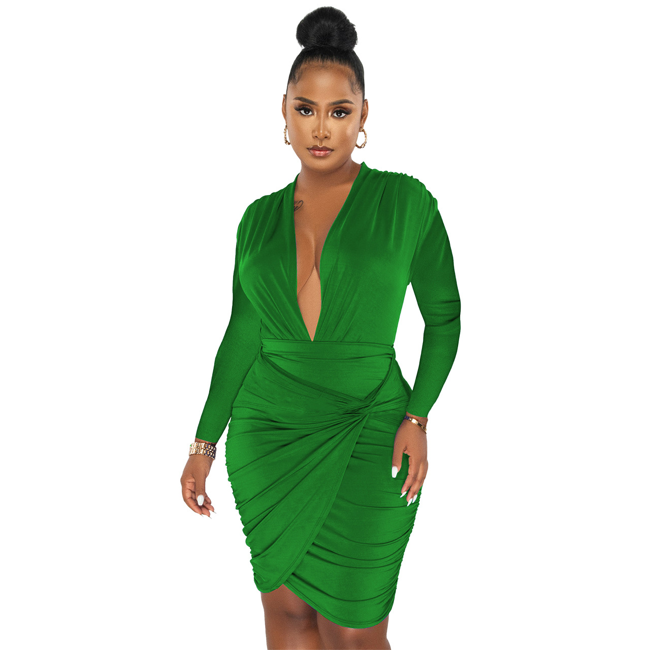 Plus Size Dress Amazon new autumn winter sexy deep V neck twist irregular long sleeve dress