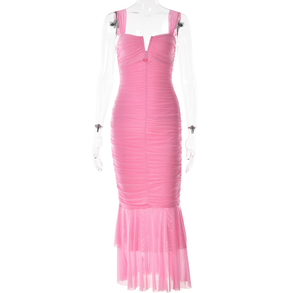 Fashionable Sleeveless Tight Pleated Fishtail Dress
