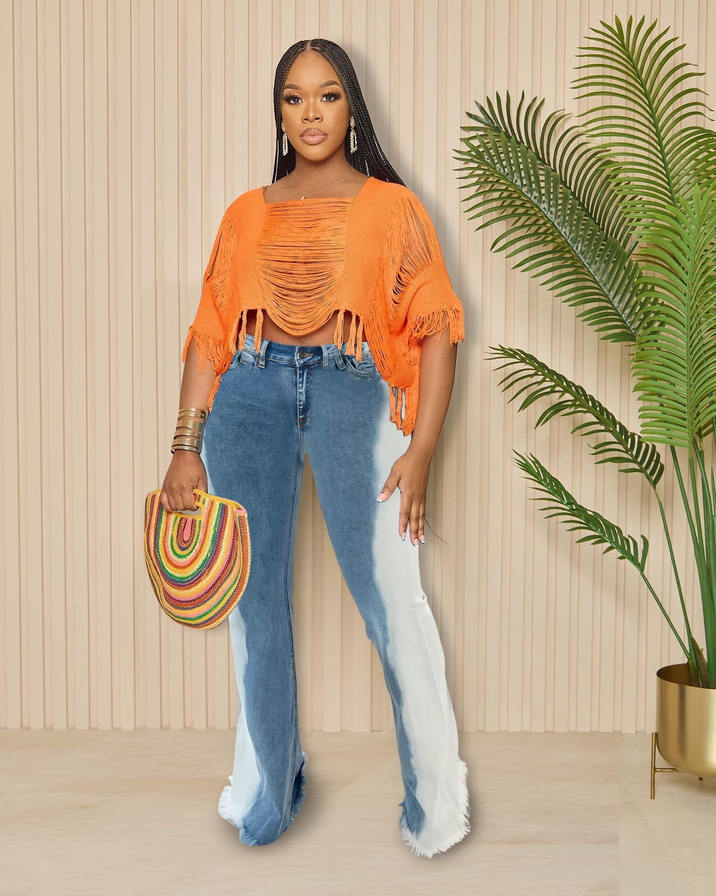 Stretch gradient color blocking micro flare buttocks sexy jeans