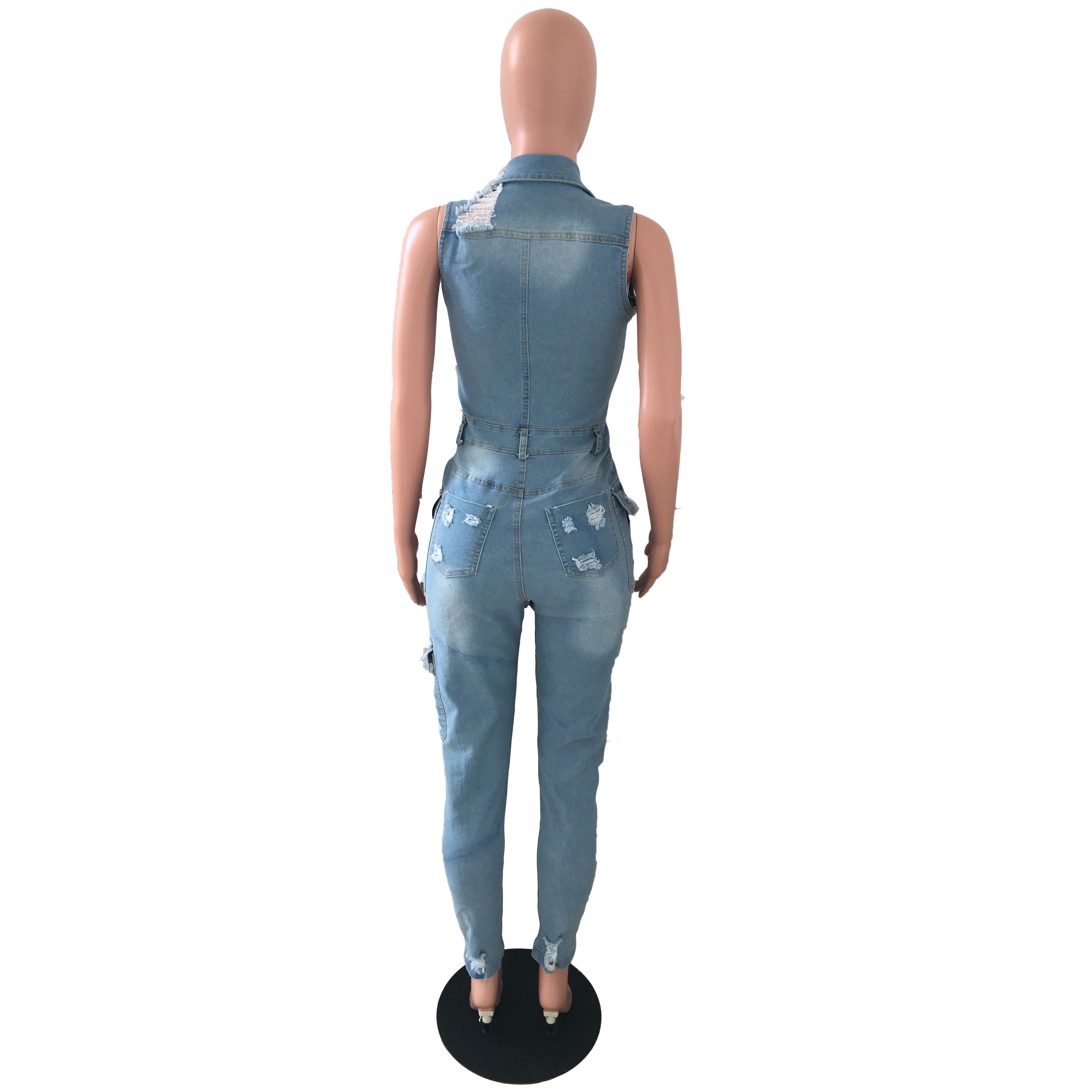 Casual slim hole denim Jumpsuit