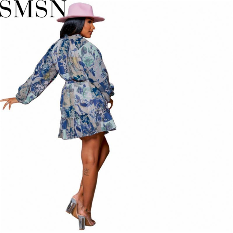 Plus Size Dress Printed Lotus Collar Sexy Woven Large Swing Skirt with Belt Large Size Women Dress