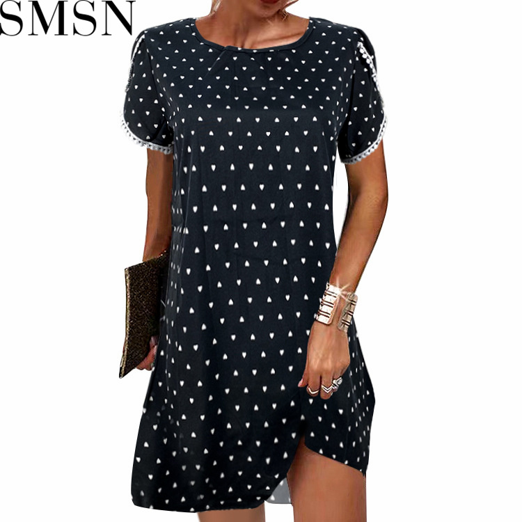 Casual Dress 2022 summer round neck short sleeve loose lace edge ladies floral dress