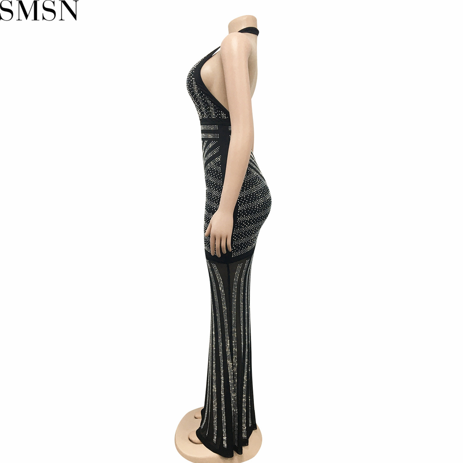 Fashion women dress deep V-neck and backless nightclub party formal dress rhinestone see-through dress plus size casual dress