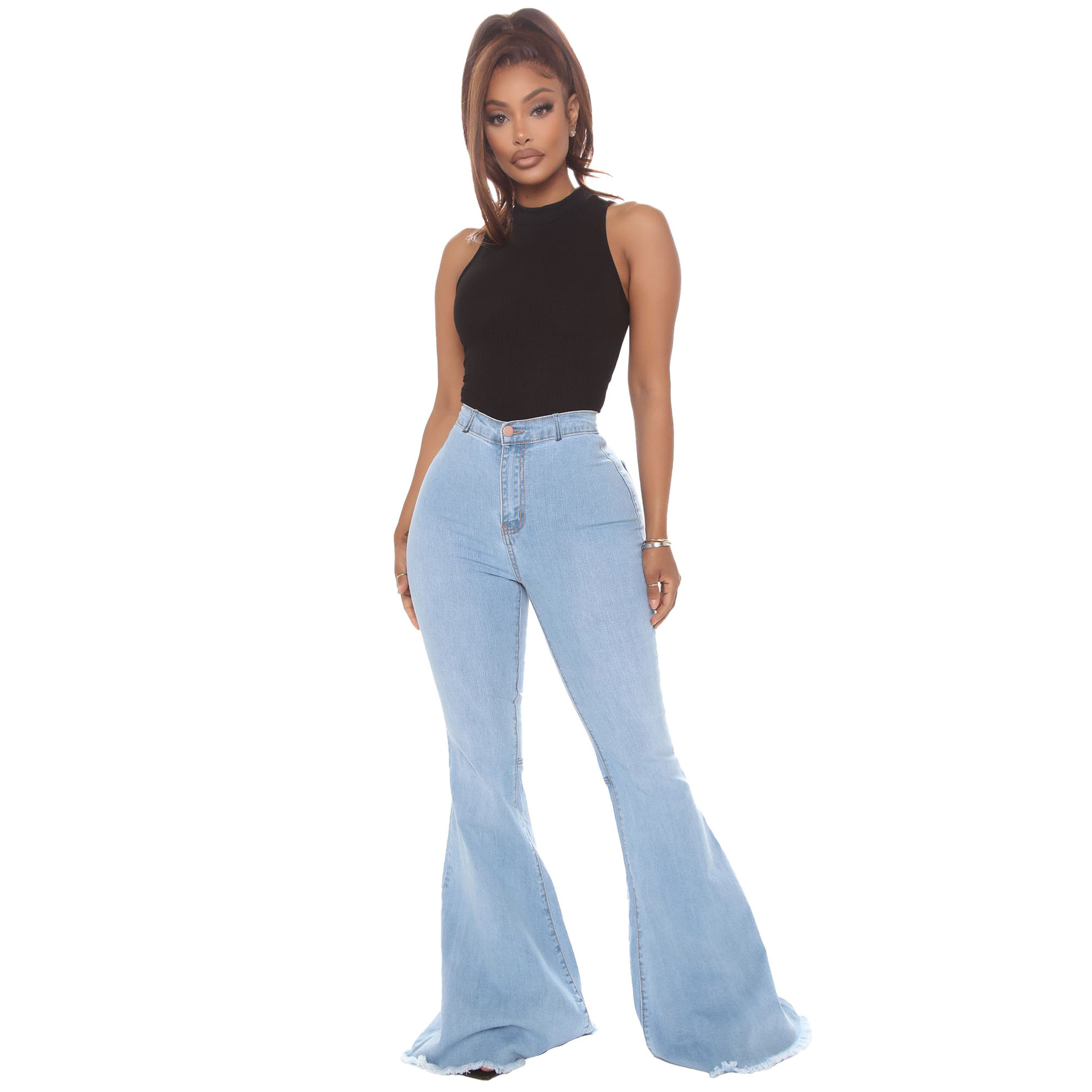 Fashion high waist elastic denim flared pants