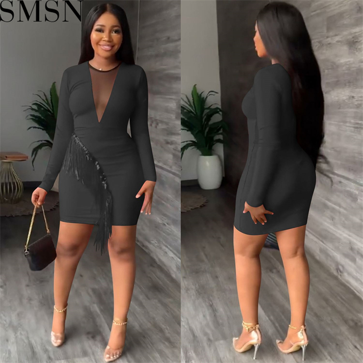 Plus Size Dress nightclubs rhinestone mesh see through sexy tassel hip wrapped mid length skirt dress