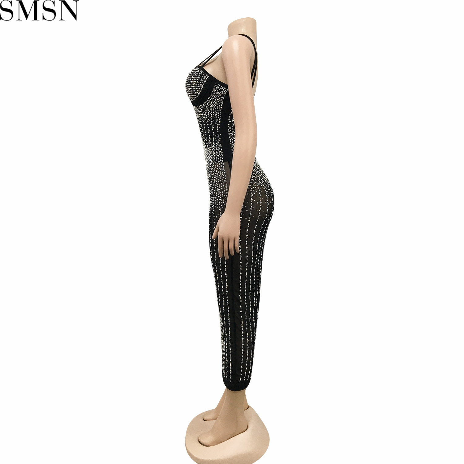 Fashion women's wear Party nightclub mesh see-through rhinestone Diamond strap dress plus size casual dress