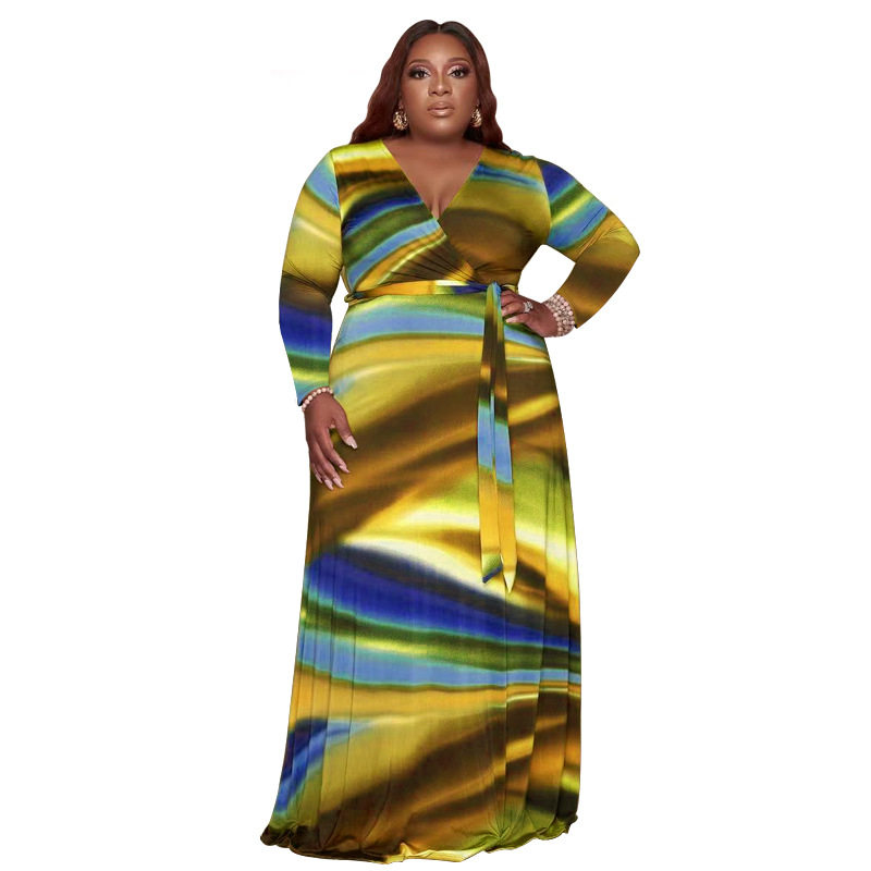 Plus Size Dress Amazon abstract printing with belt deep V neck fashion tight large size dress