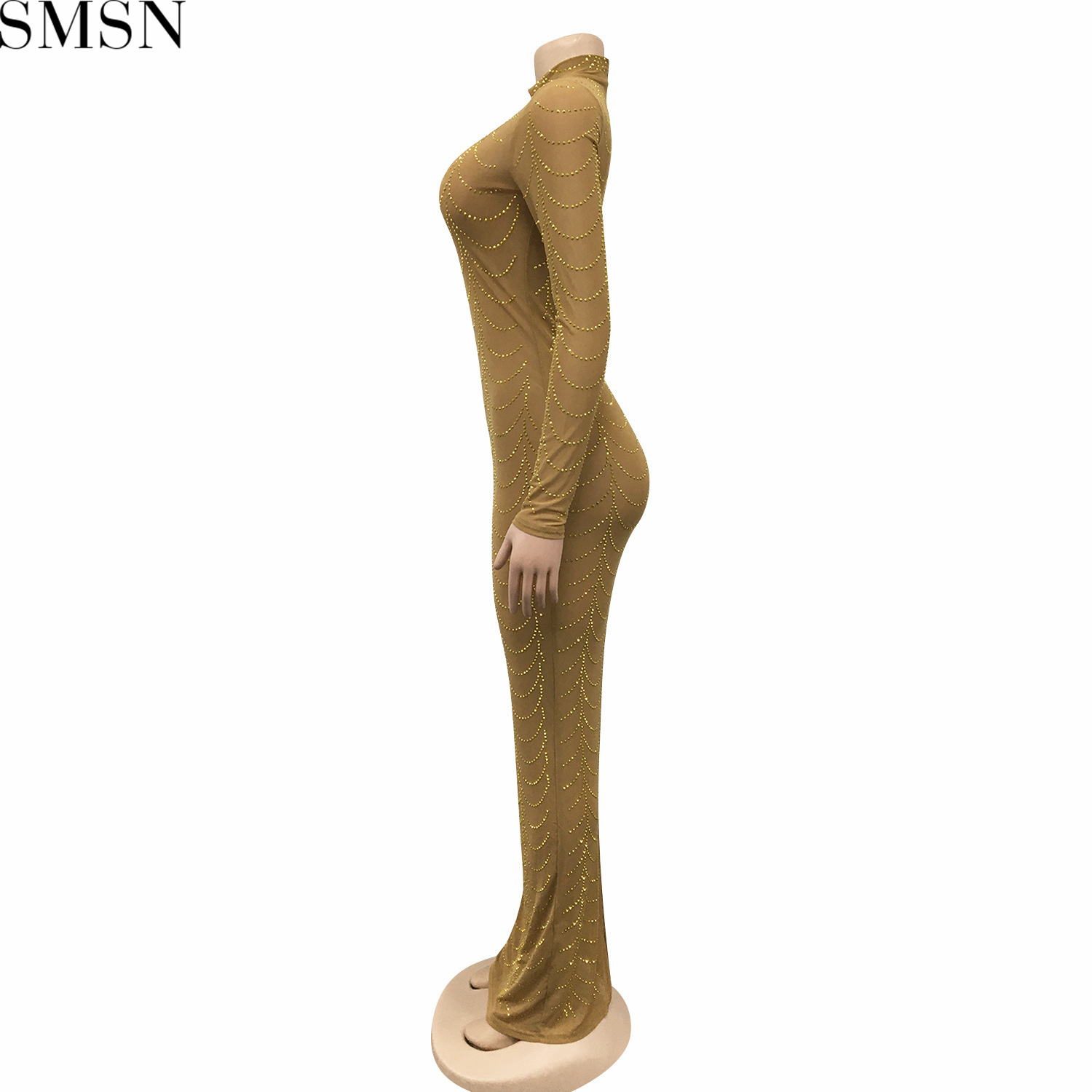 Plus Size Dress fashion new sexy nightclub hot rhinestone mesh see-through long sleeve dress