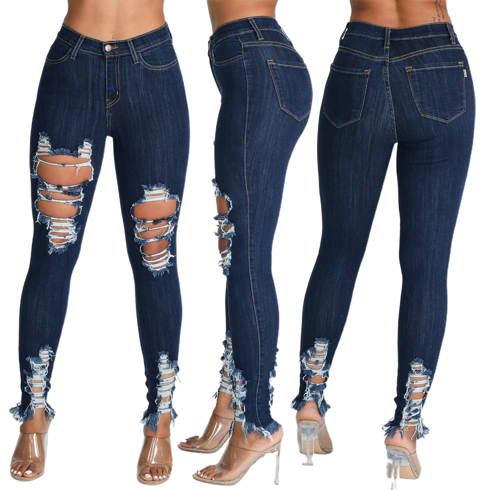 Oversized sexy high stretch perforated calf denim pants
