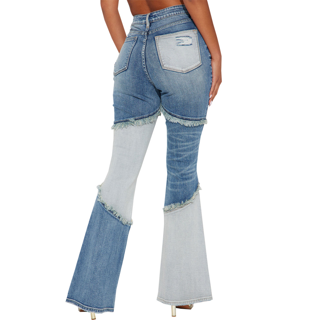 Sexy fashion versatile tassel hole stretch slim Bell-bottoms